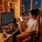 Ілюстрація затишного робочого місця вдома вночі: дівчина працює за комп'ютером, графіки доходу та повідомлення про виплату зарплати на OnlyFans